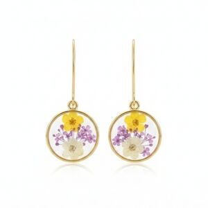 🆕️ Artisan With Real Floral & Resin Gold Purple Yellow Floral Drop Earrings